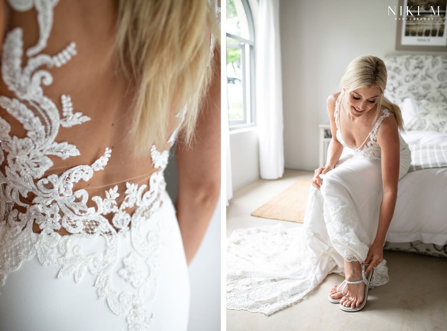 The bride puts on flip flops for her outdoor wedding.