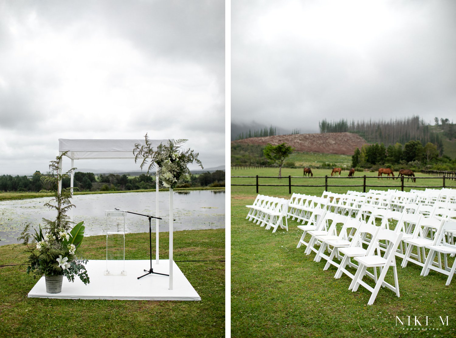 All-white wedding ceremony set-up at Kay and Monty Vineyards.