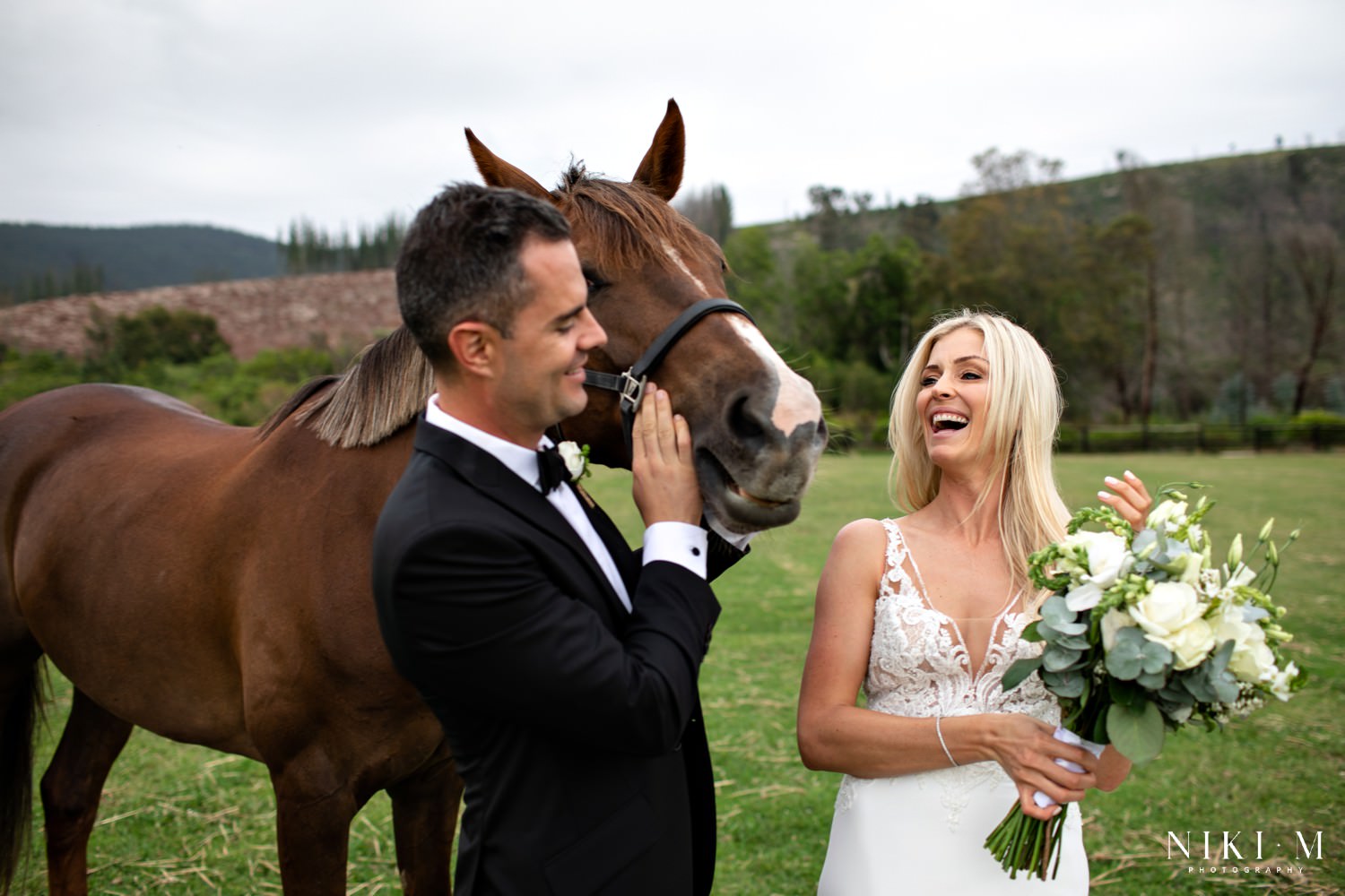 Wedding couple photographed with horses