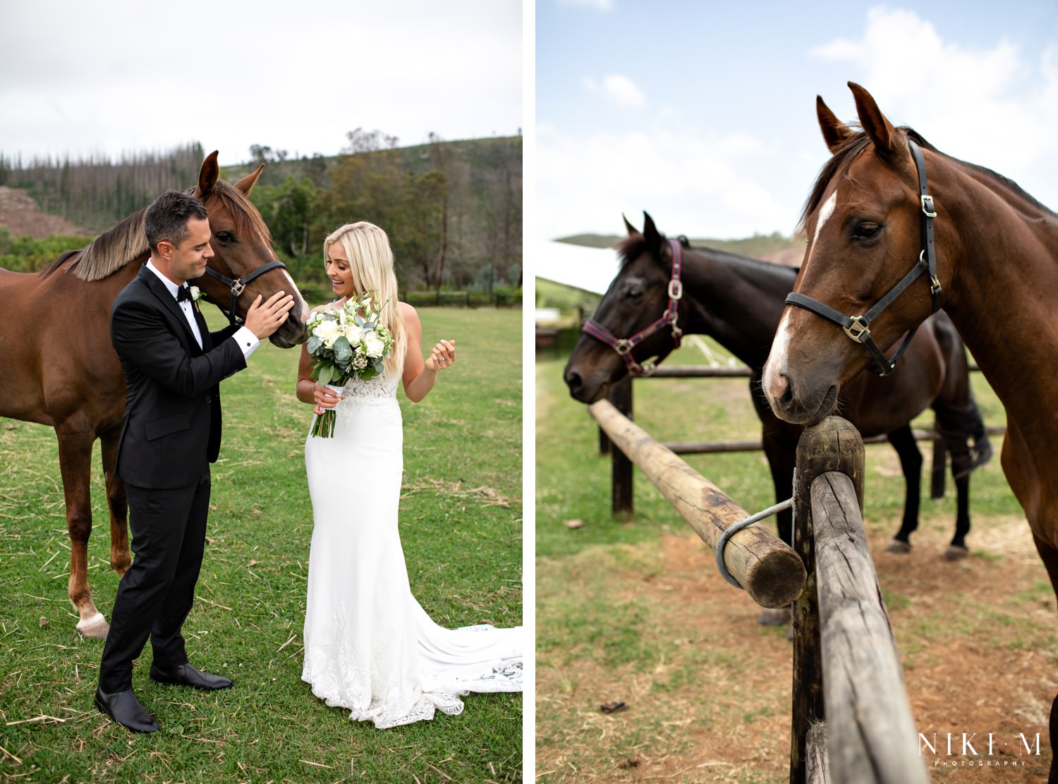 Bride and groom with their horse at their outdoor garden route wedding