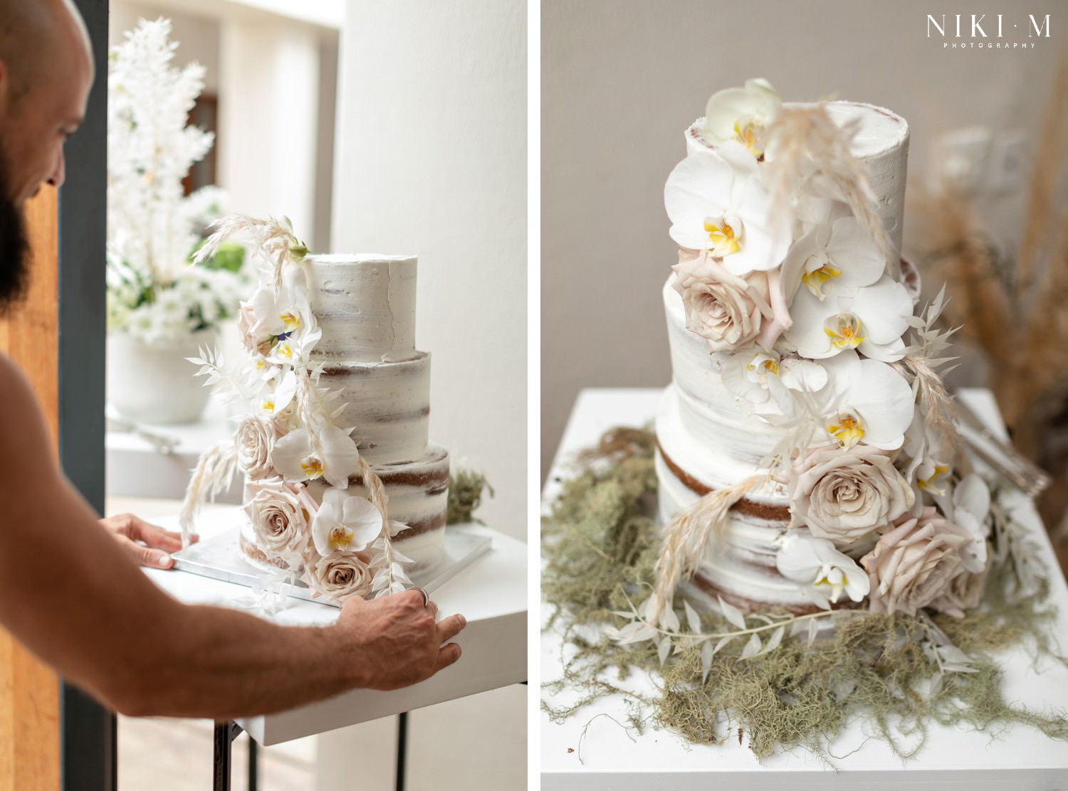 White and blush wedding cake that features a semi-naked base, roses and orchids.