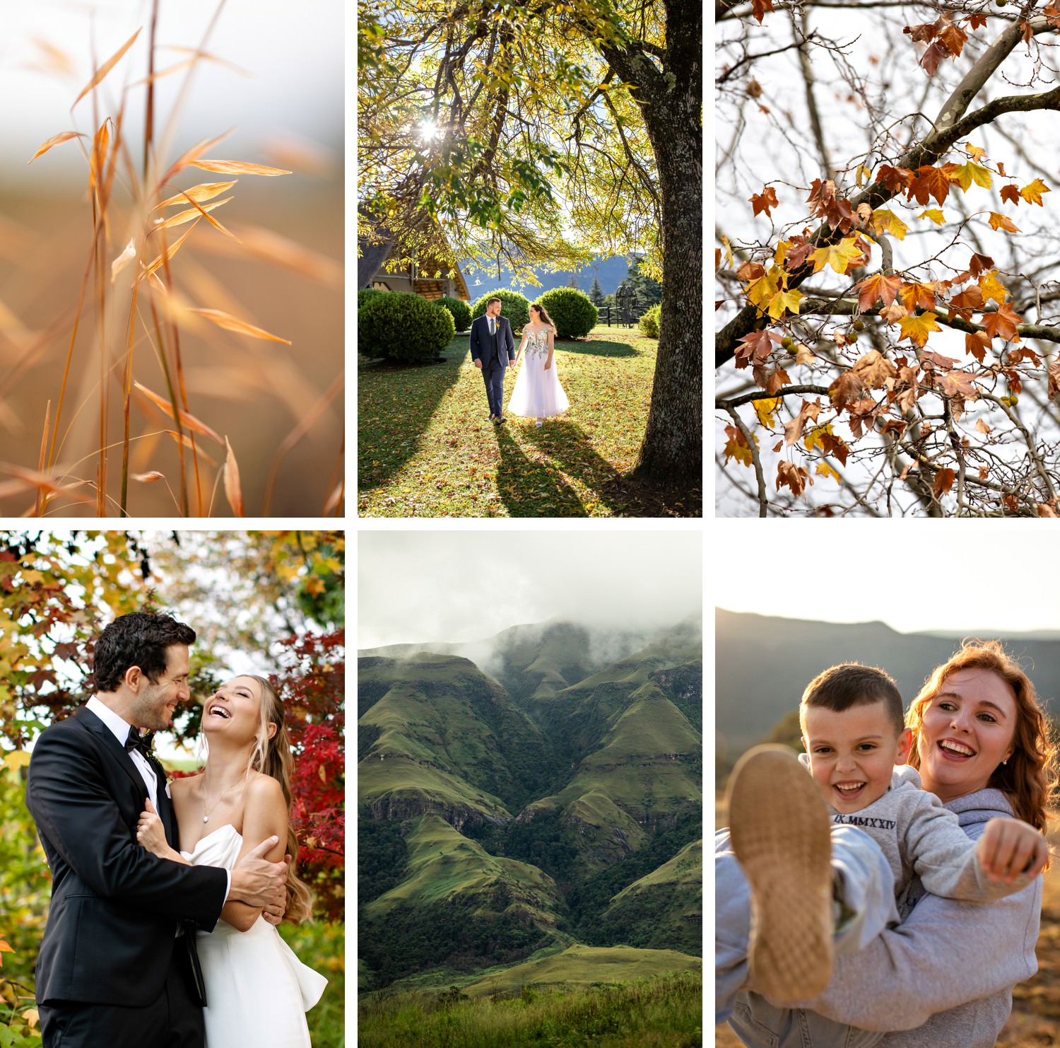 Collage of Drakensberg photography in the Champagne Valley (Central Drakensberg), featuring golden autumn grasses, colourful autumn leaves, joyful wedding moments at Champagne Castle Hotel and Champagne Sports Resort, misty mountain peaks, and a family portrait of a mother with her child - captured by a Drakensberg photographer to show the best time for Drakensberg photography.