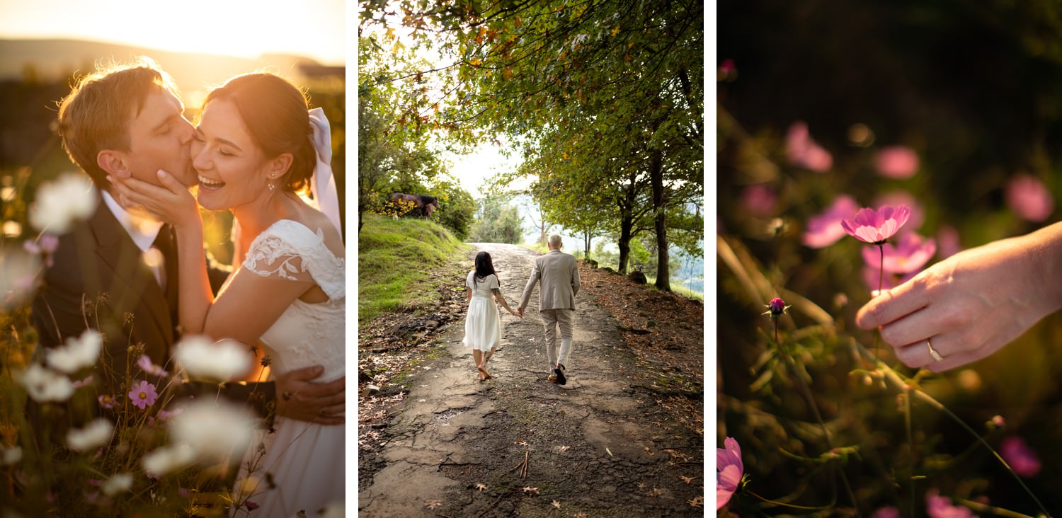 Collage of Drakensberg autumn photography in the Champagne Valley, featuring couples celebrating their wedding day with a portrait amongst the cosmos flowers, a newlywed couple walking along a golden forest path, and delicate pink cosmos flowers in bloom — captured by a Drakensberg photographer to highlight the best time for Drakensberg photography