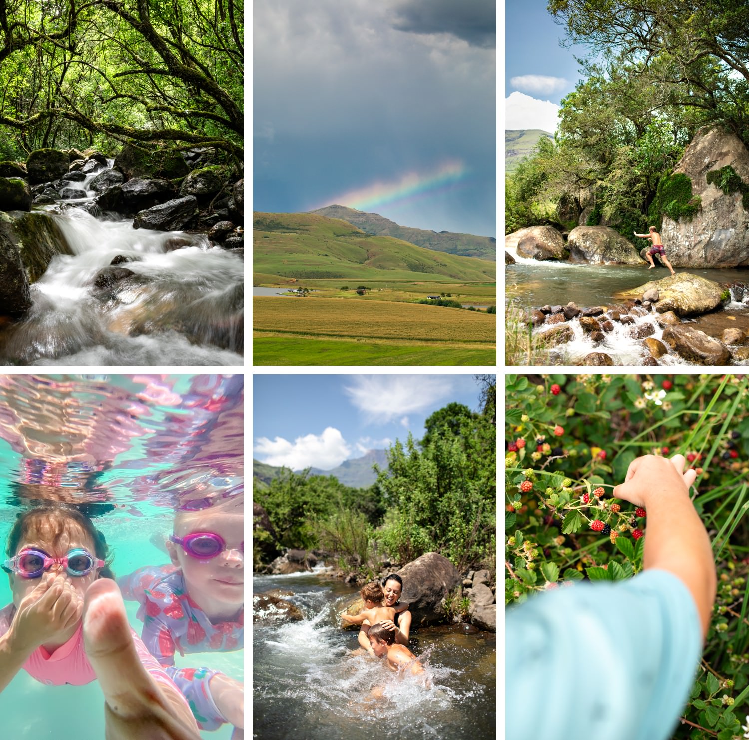 Collage of Drakensberg summer photography in the most visited areas of the Drakensberg, showing a forest stream gushing after summer rains, a stormy rainbow over mountains, kids swimming in the natural pools at Monks Cowl Reserve, children swimming underwater on a family holiday at Champagne Sports Rsort, a family enjoying natural rock pools, and children picking wild blackberries in the Champagne Valley - captured by a Drakensberg photographer to highlight the best time for Drakensberg photography in summer.