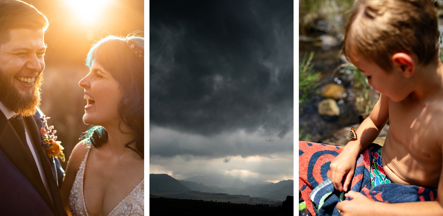 Collage of Central Drakensberg summer photography, featuring a bride and groom in golden-hour light, dramatic storm clouds over the mountains, and a child playing beside a river — photographed by a Drakensberg photographer to show the best time for Drakensberg photography.
