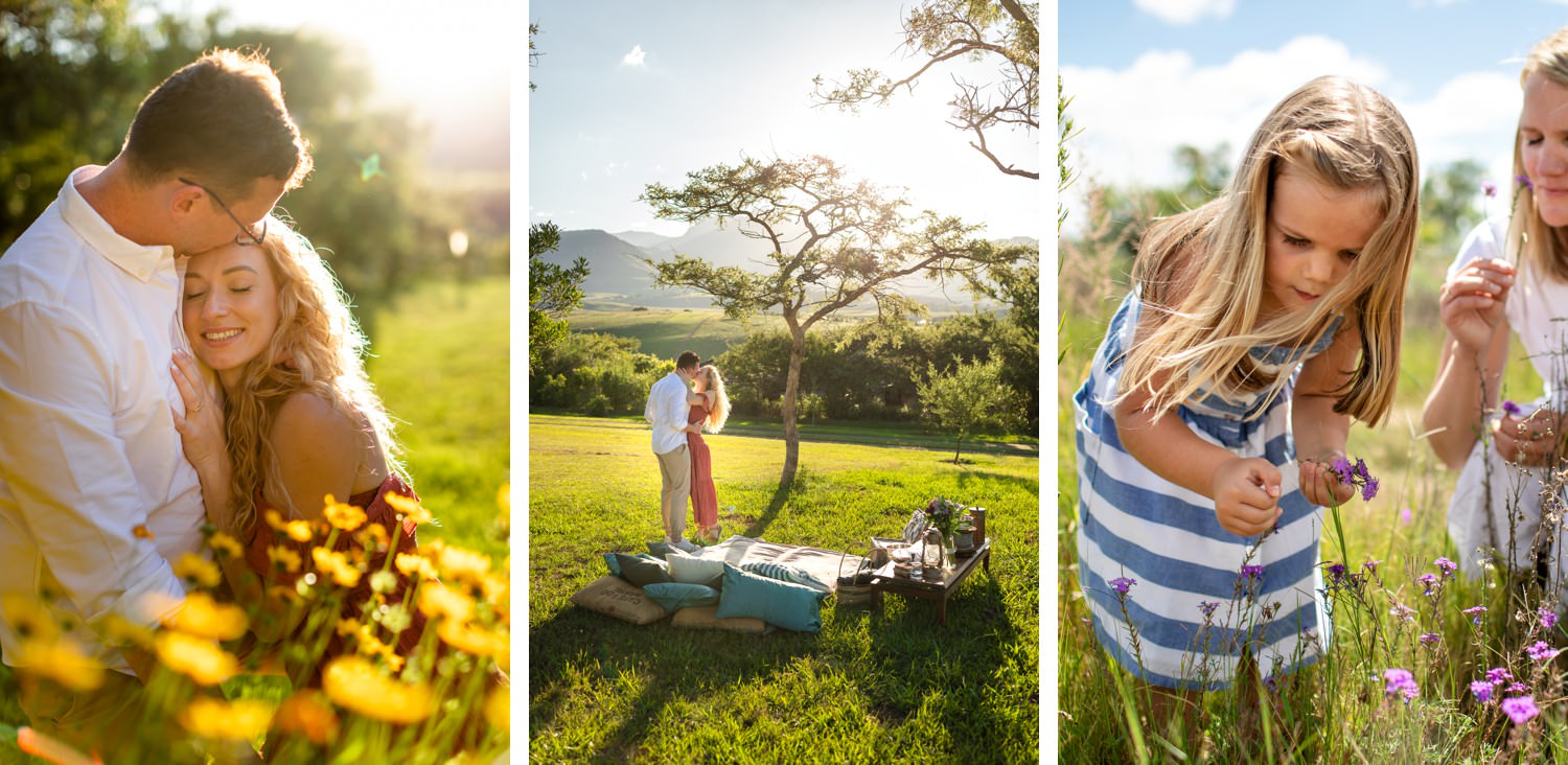 Collage of Drakensberg spring photography at Inkungu Boutique Lodge Hotel, featuring an engaged couple embracing in golden hour wildflowers, a surprise drakensberg proposal beneath a lone tree, and children picking blossoms in a sunny meadow — photographed by a Drakensberg photographer to highlight the best time for Drakensberg photography in spring.