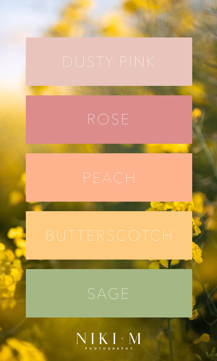 The perfect colour palette for a Spring photoshoot when you are planning what to wear for Drakensberg photos. Dusty pink, rose, peach, butterscotch yellow and sage green.