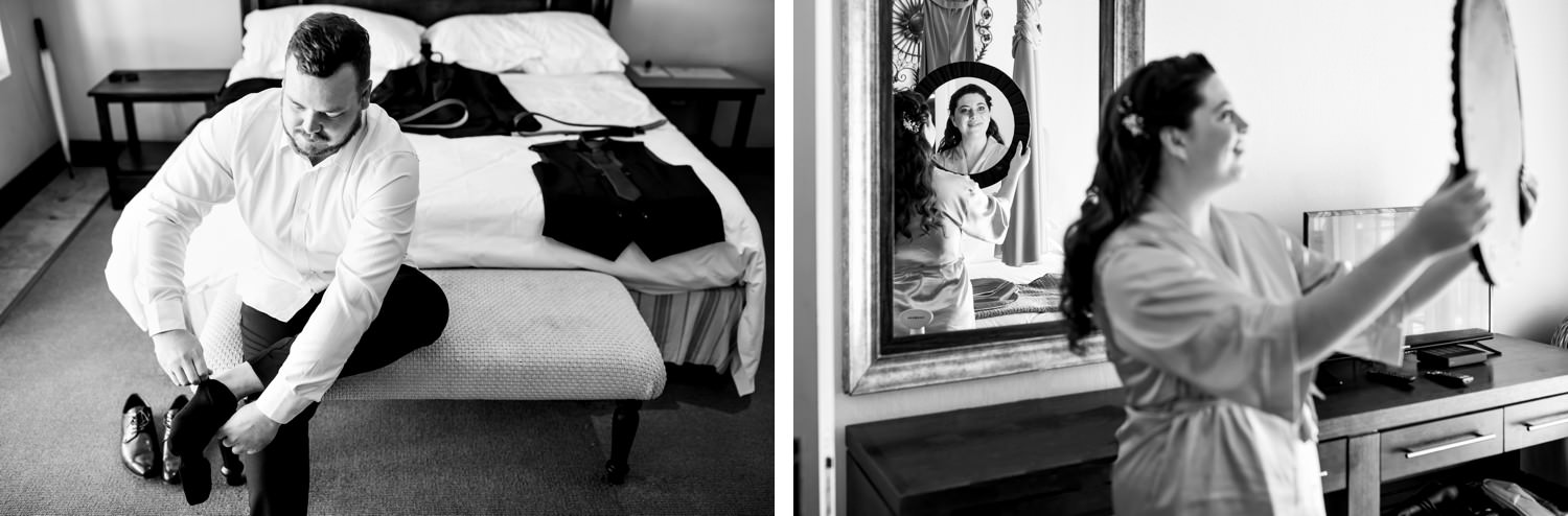 A black and white photo diptych showing the groom lacing up his shoes and the bride admiring herself in the mirror while getting ready for their Drakensberg micro-wedding at Champagne Castle Hotel.