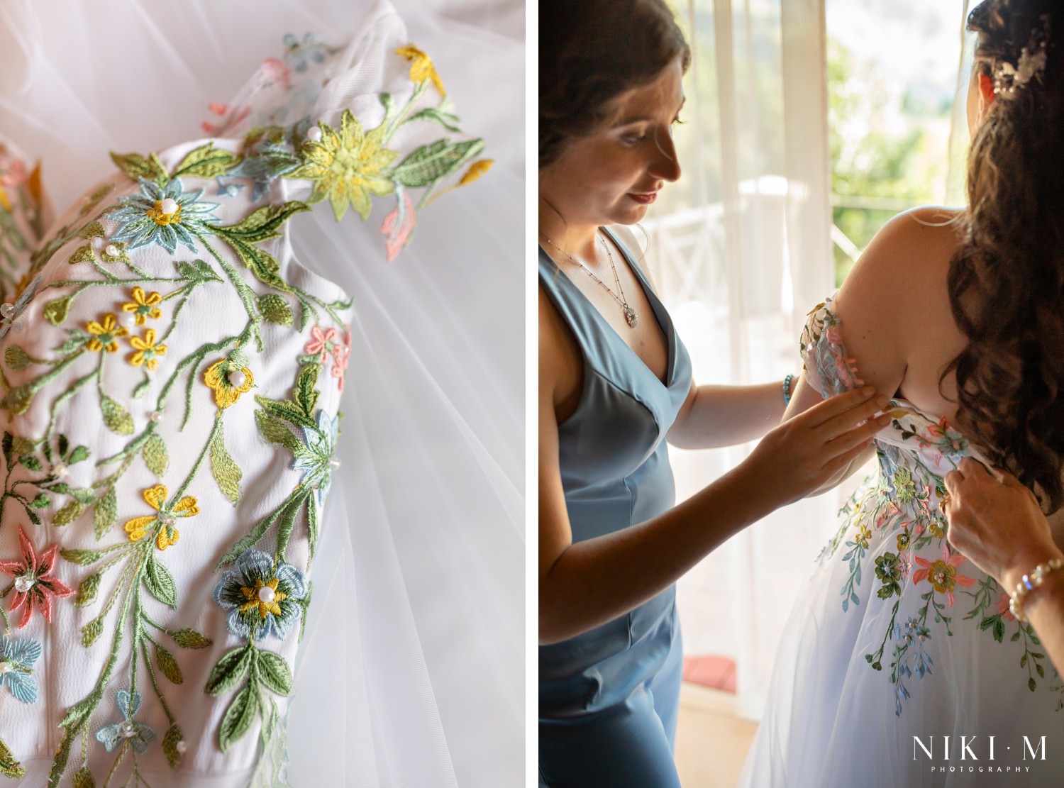 A close-up of the floral embroidery on the bride’s gown paired with a photo of her sister helping adjust the dress. Images from a beautiful micro-wedding in the Drakensberg at Champagne Castle Hotel.