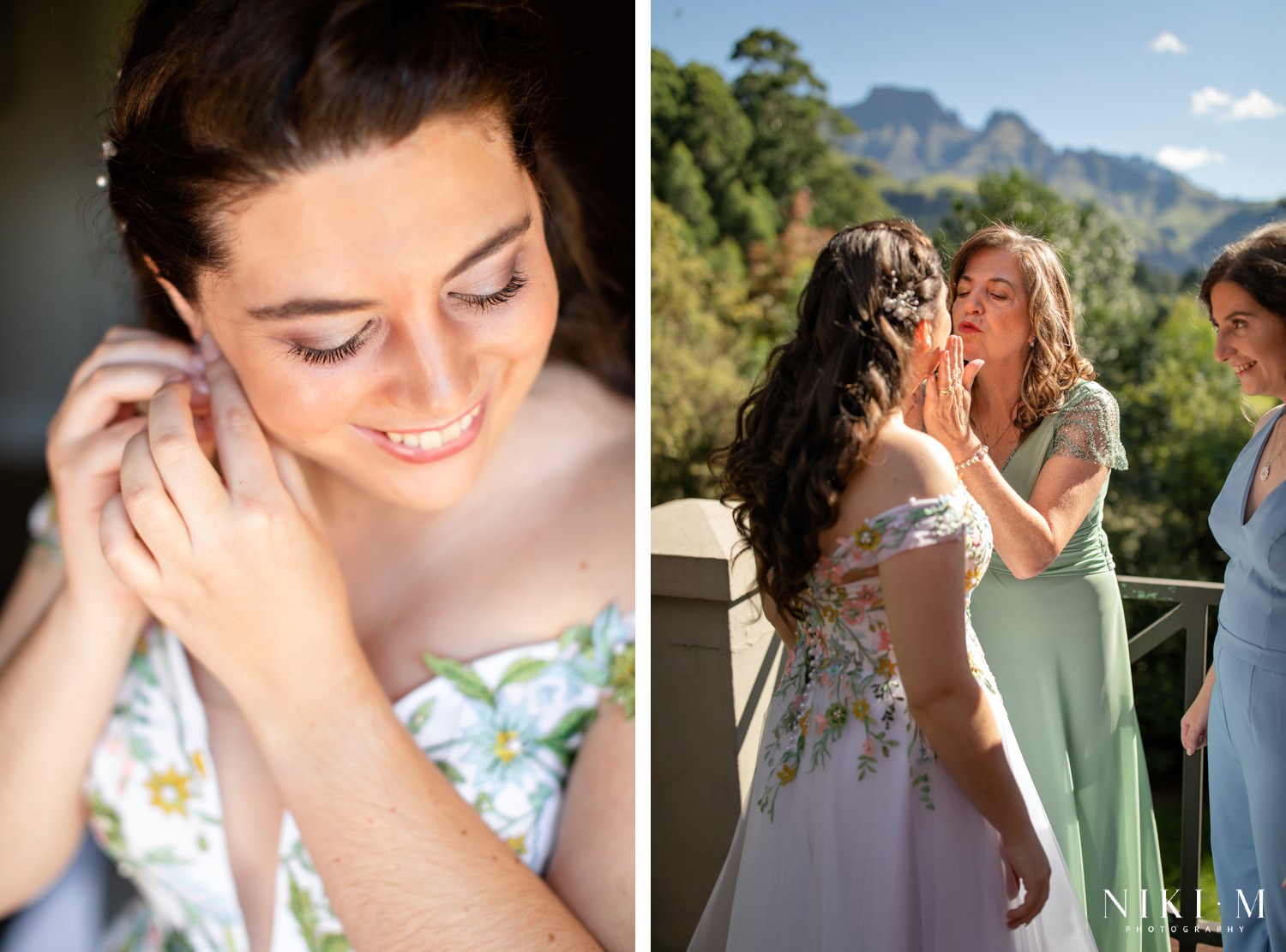 The bride fastening her earrings and sharing a sweet moment with her mother before her wedding ceremony, on a balcony overlooking the Central Drakensberg mountains.
