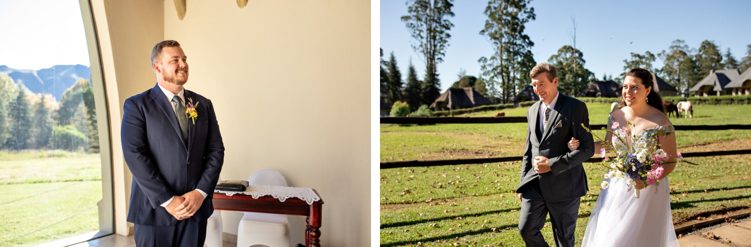 Groom smiling inside the mountain-view chapel as the bride arrives for their Central Drakensberg micro-wedding ceremony.