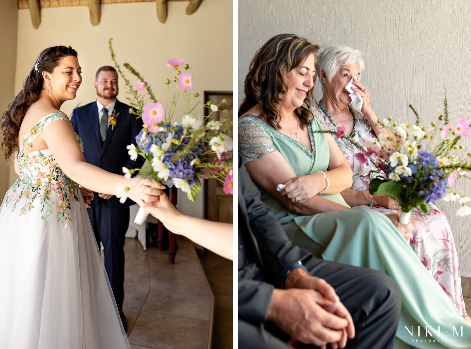 Bride passes her bouquet to her grandmother, who wipes away tears — an emotional moment captured during this intimate mountain wedding ceremony in South Africa
