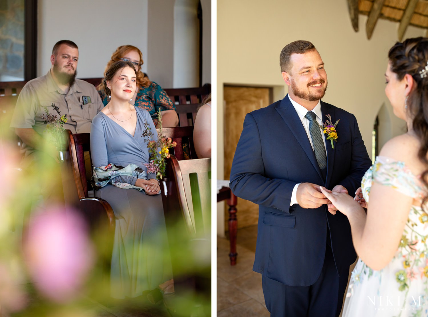 Guests seated inside the chapel watch warmly as the groom places the wedding ring on his bride’s finger, surrounded by soft floral decor and golden light.