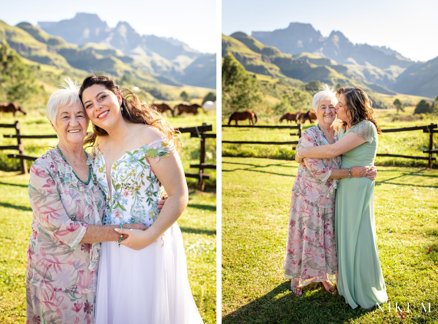 The bride shares a warm embrace with her grandmother, framed by sunlit mountains and horses grazing nearby, a timeless Drakensberg wedding photography moment.