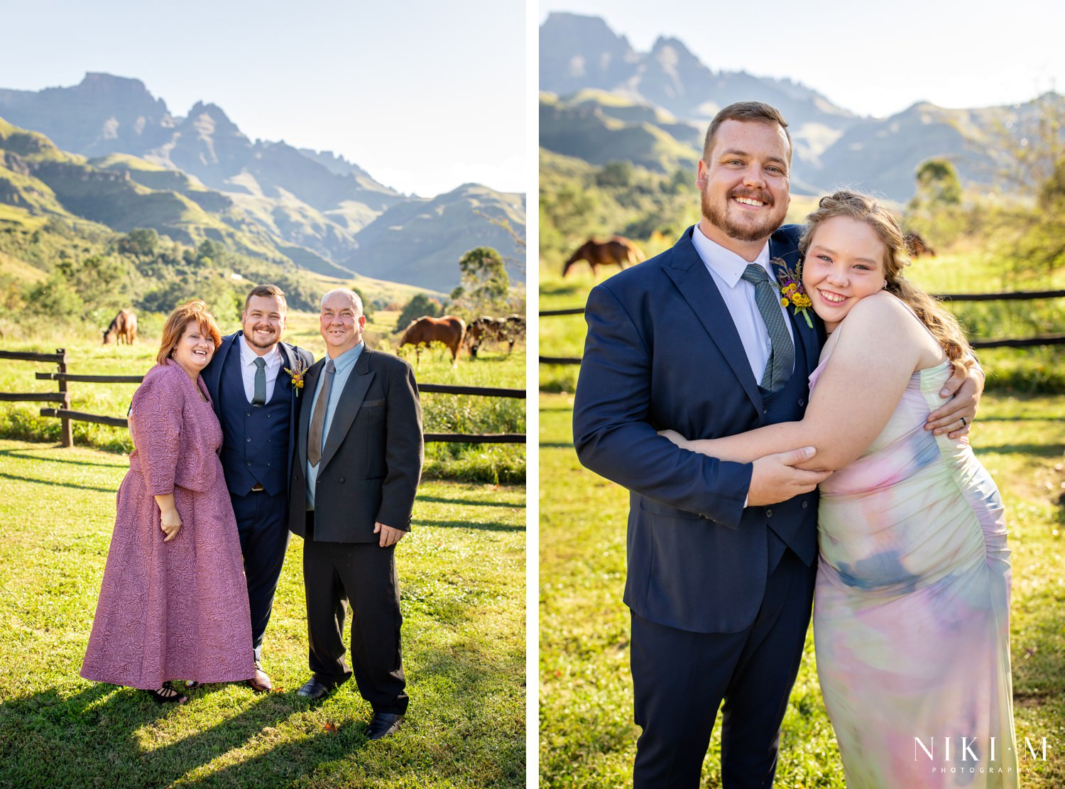 Heartfelt family hugs and laughter during portraits after a Champagne Castle Hotel wedding ceremony, framed by the incredible beauty of the Drakensberg mountains.
