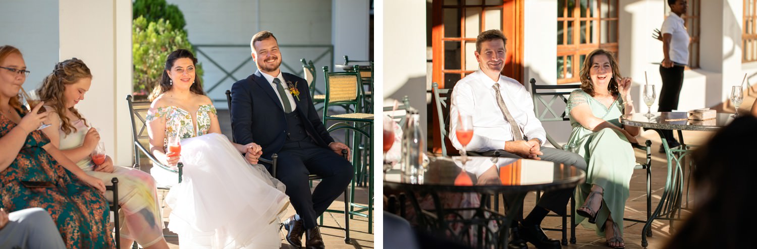 The couple relax on the terrace after their ceremony, surrounded by loved ones and mountain views — a serene moment of connection at their Drakensberg micro-wedding.