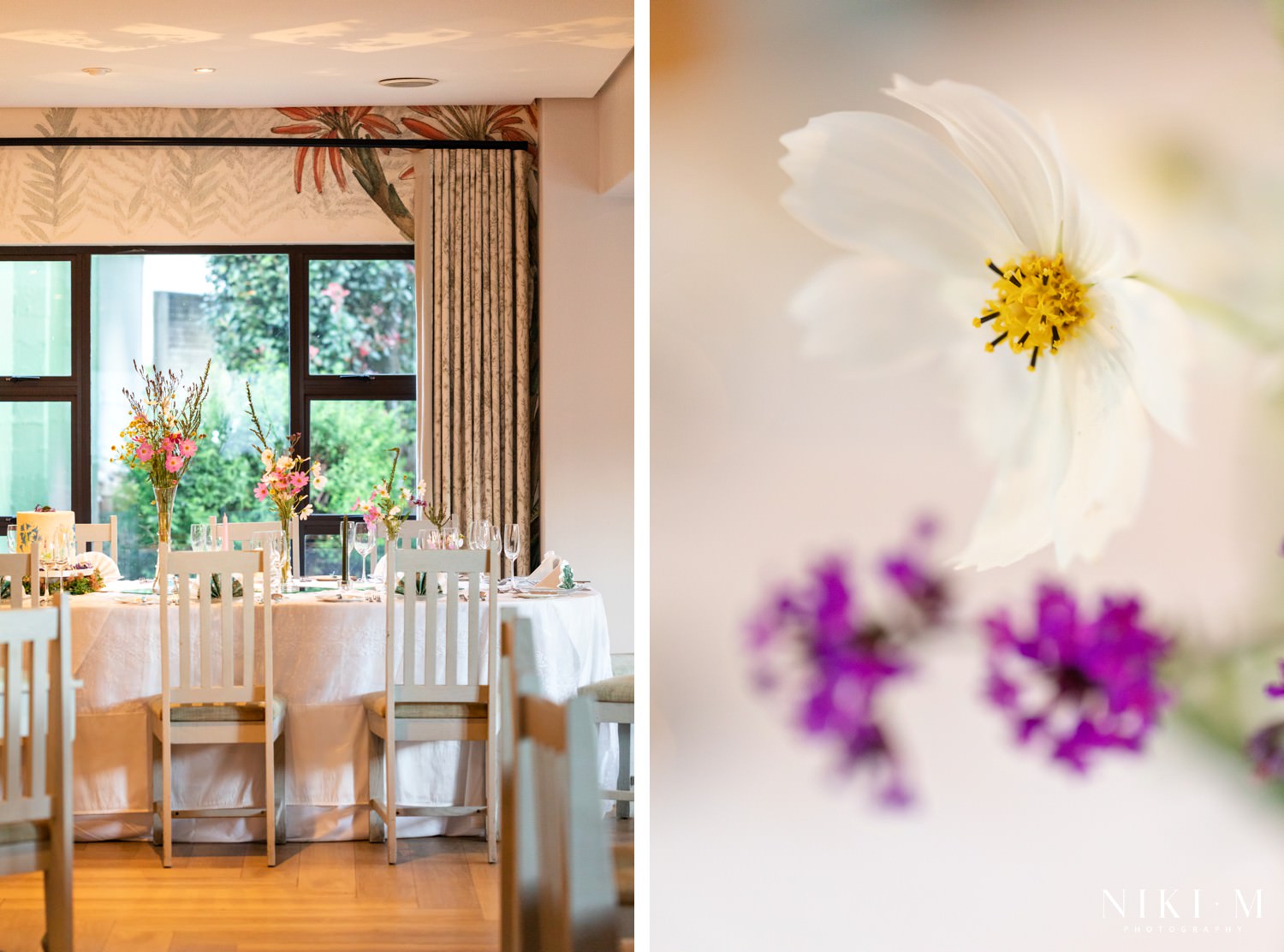 Elegant wedding table setup at Champagne Castle Hotel with soft wooden chairs, white linen, and wildflower arrangements. Captured by Drakensberg wedding photographer Niki M.