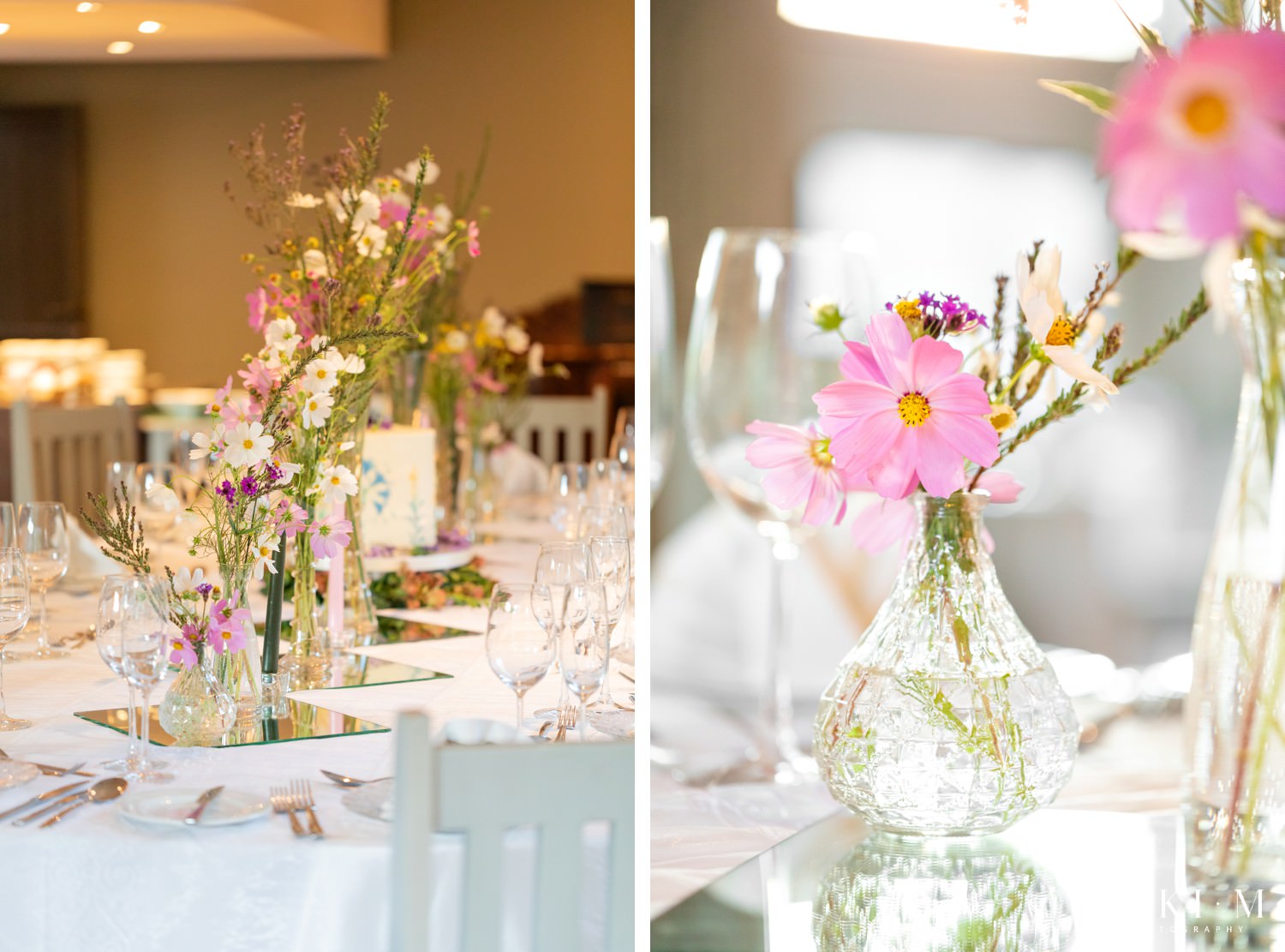 Cosmos wildflower centrepieces in glass vases creating a soft, romantic feel for the Drakensberg mountain wedding at Champagne Castle Hotel.