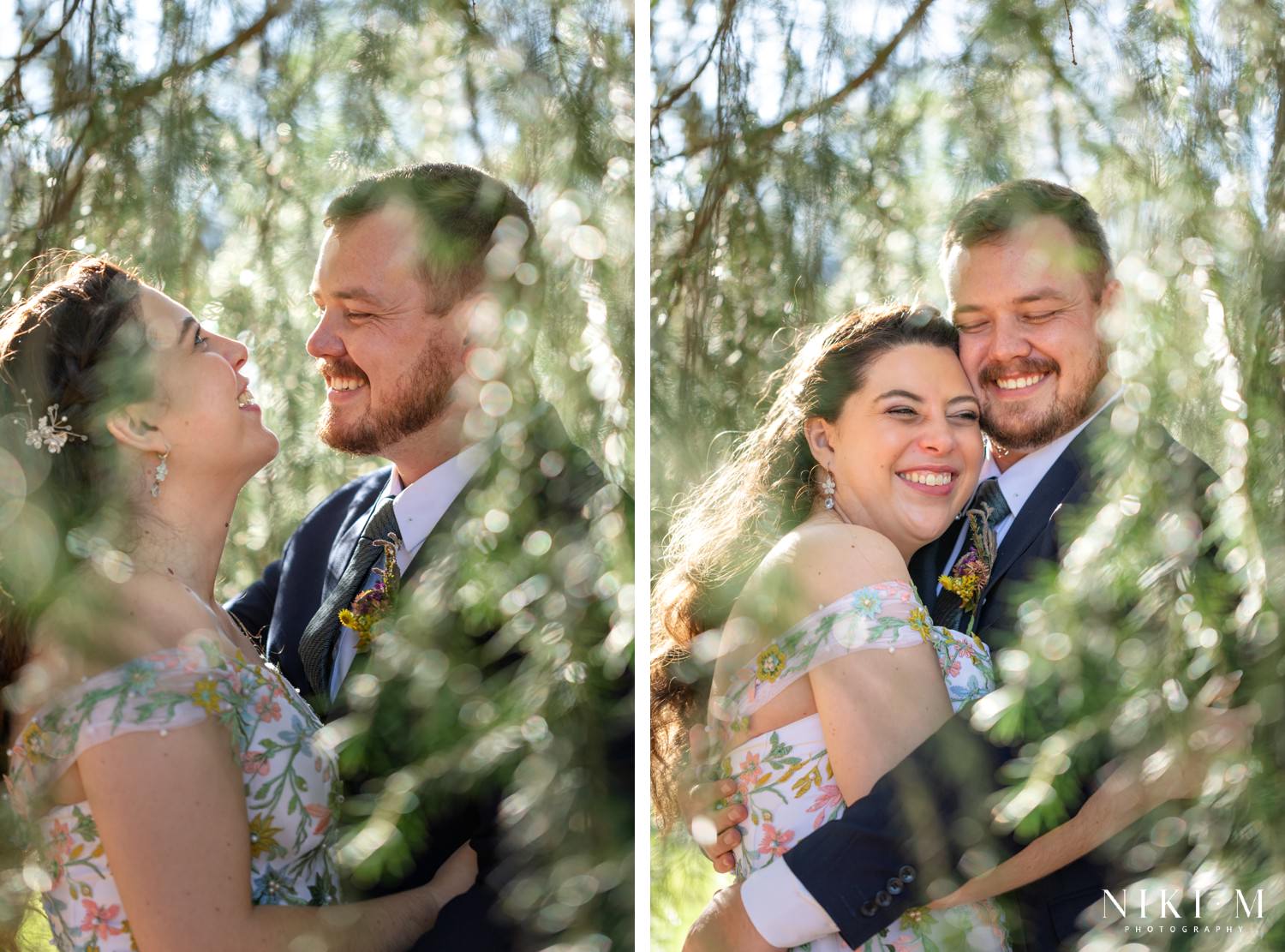 Joyful couple portrait beneath a willow tree, sunlight streaming through leaves. Photographed by Drakensberg wedding photographer Niki M at their Drakensberg micro-wedding