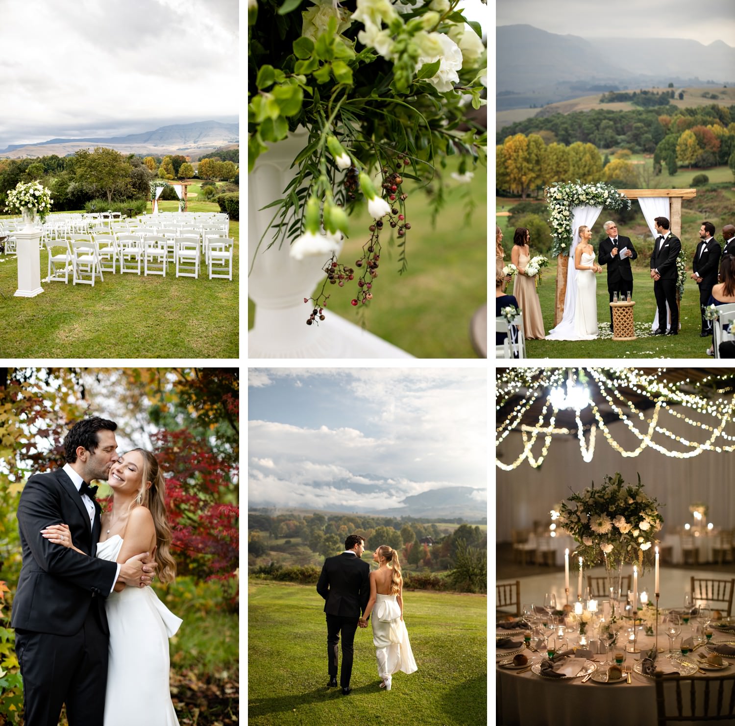 A collage of images from a classic black tie wedding held at Drakensberg wedding venue Champagne Sports Resort