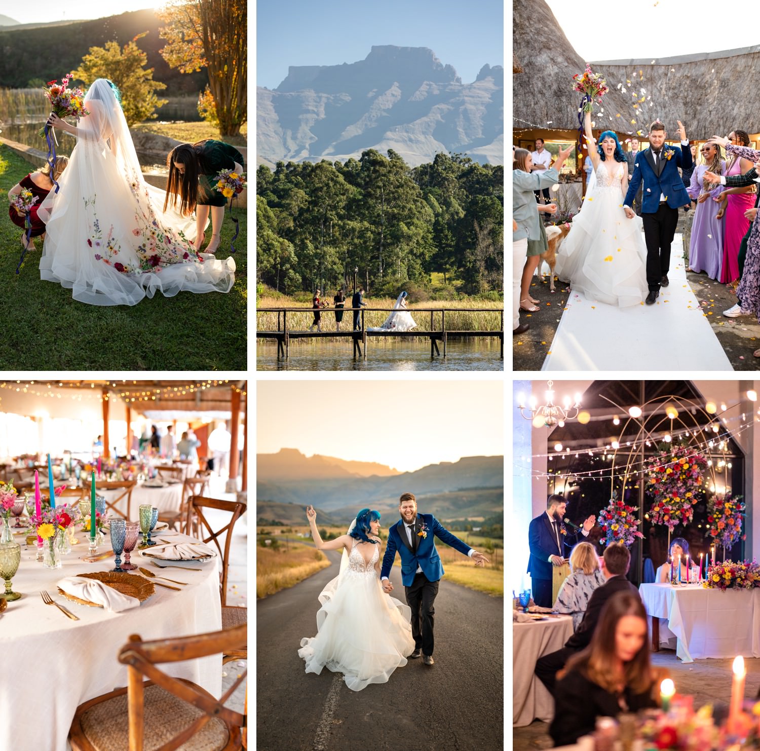 A collage of images from a colourful alternative wedding held at Drakensberg wedding venue Dragon Peaks Lodge