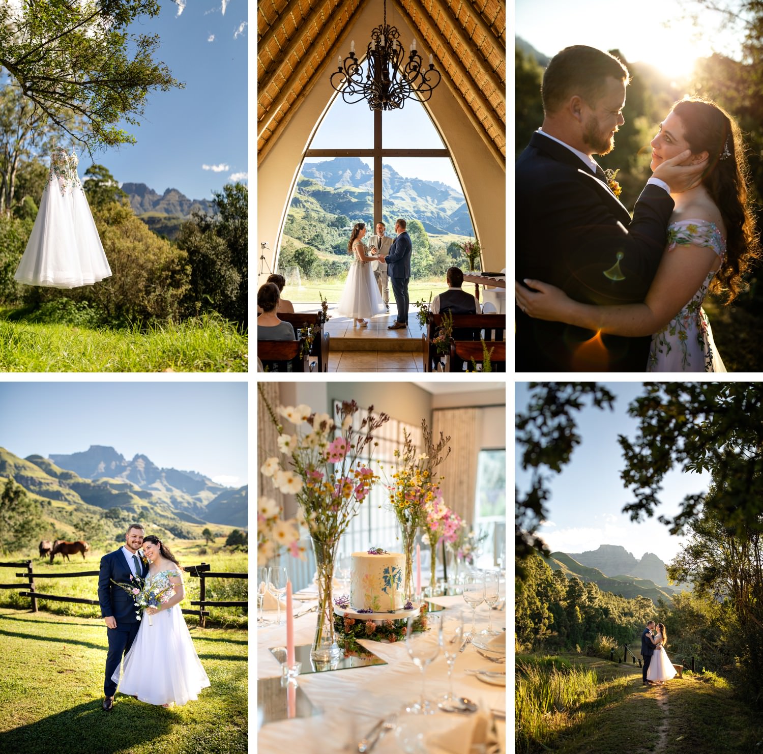 A collage of images from a beautiful micro-wedding held at Drakensberg wedding venue Champagne Castle Hotel. The bride's floral embroidered off-the-shoulder dress was highlighted by the cosmos blooming in the valley in Autumn.