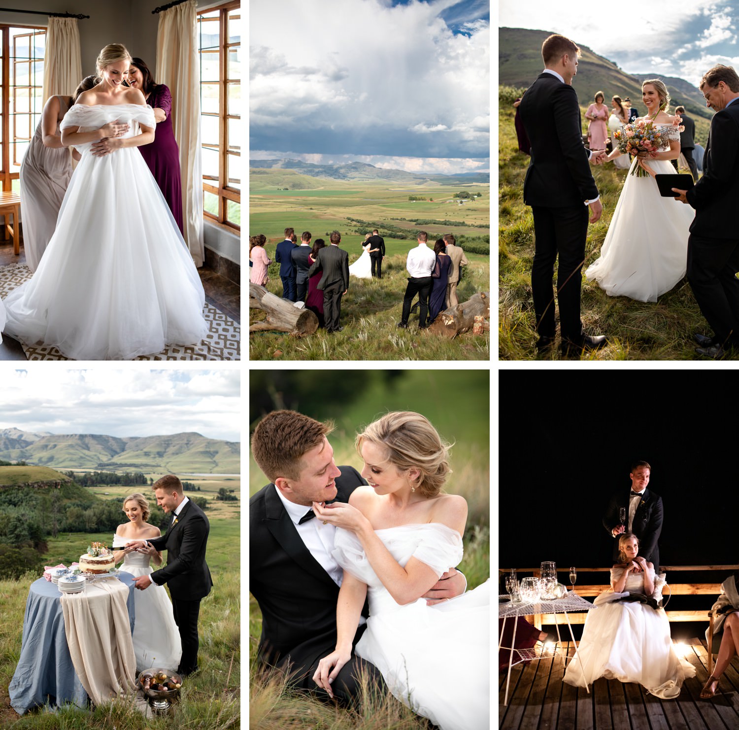 A collage of images from a joyful mountain top micro-wedding wedding held at Southern Drakensberg wedding venue Lake St Bernards