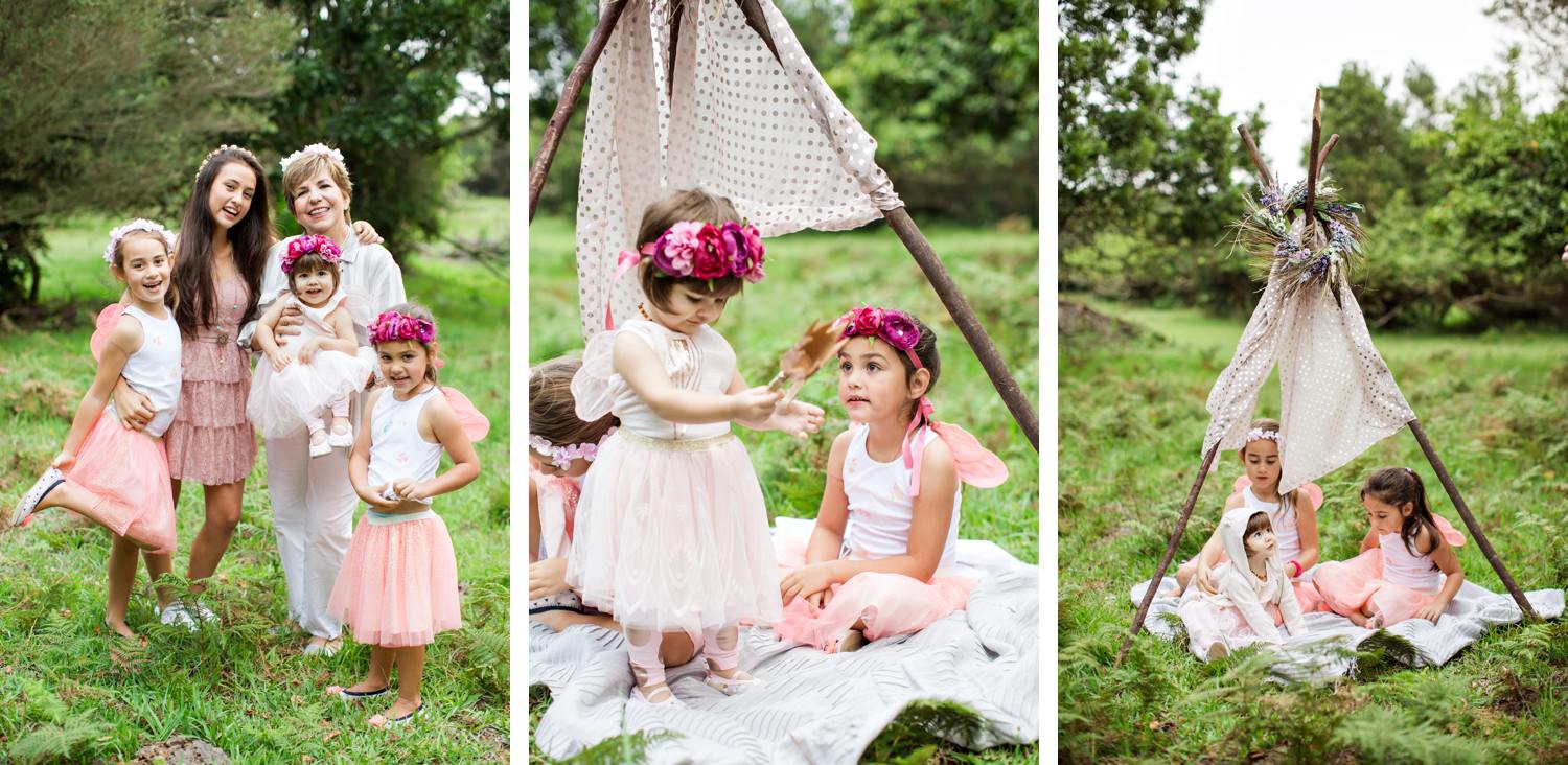 Playful children’s photoshoot in the Drakensberg showcasing what to wear for Drakensberg photography with kids: pastel tulle skirts, floral crowns, and soft whites styled for a whimsical outdoor session. A woodland teepee setup adds rustic charm, creating a dreamy fairytale aesthetic for family portraits.