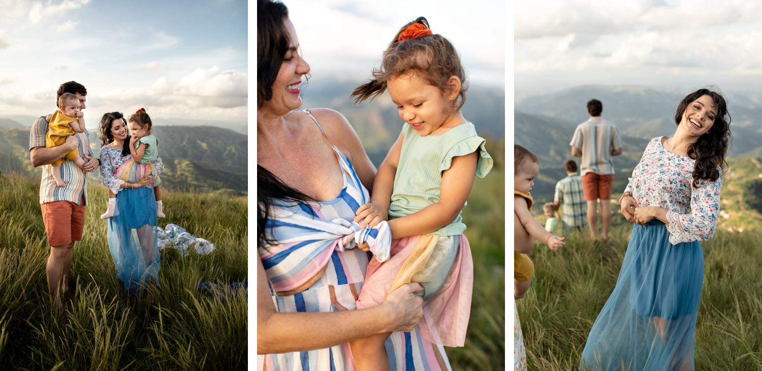 Family photoshoot in the Drakensberg mountains showing what to wear for Drakensberg photography: coordinated outfits in soft pastels, stripes, and airy skirts that move beautifully in the mountain breeze. Parents and children are styled in natural, comfortable colours that pop against the sweeping mountain backdrop.