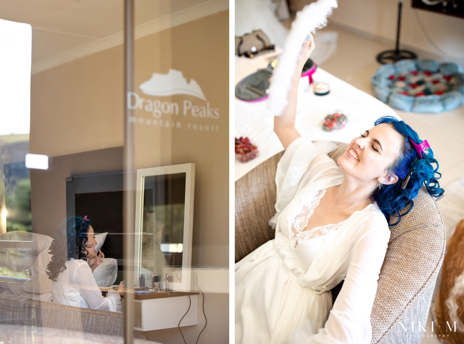 Bride with blue hair laughing in white robe during bridal preparations at a Champagne Valley wedding