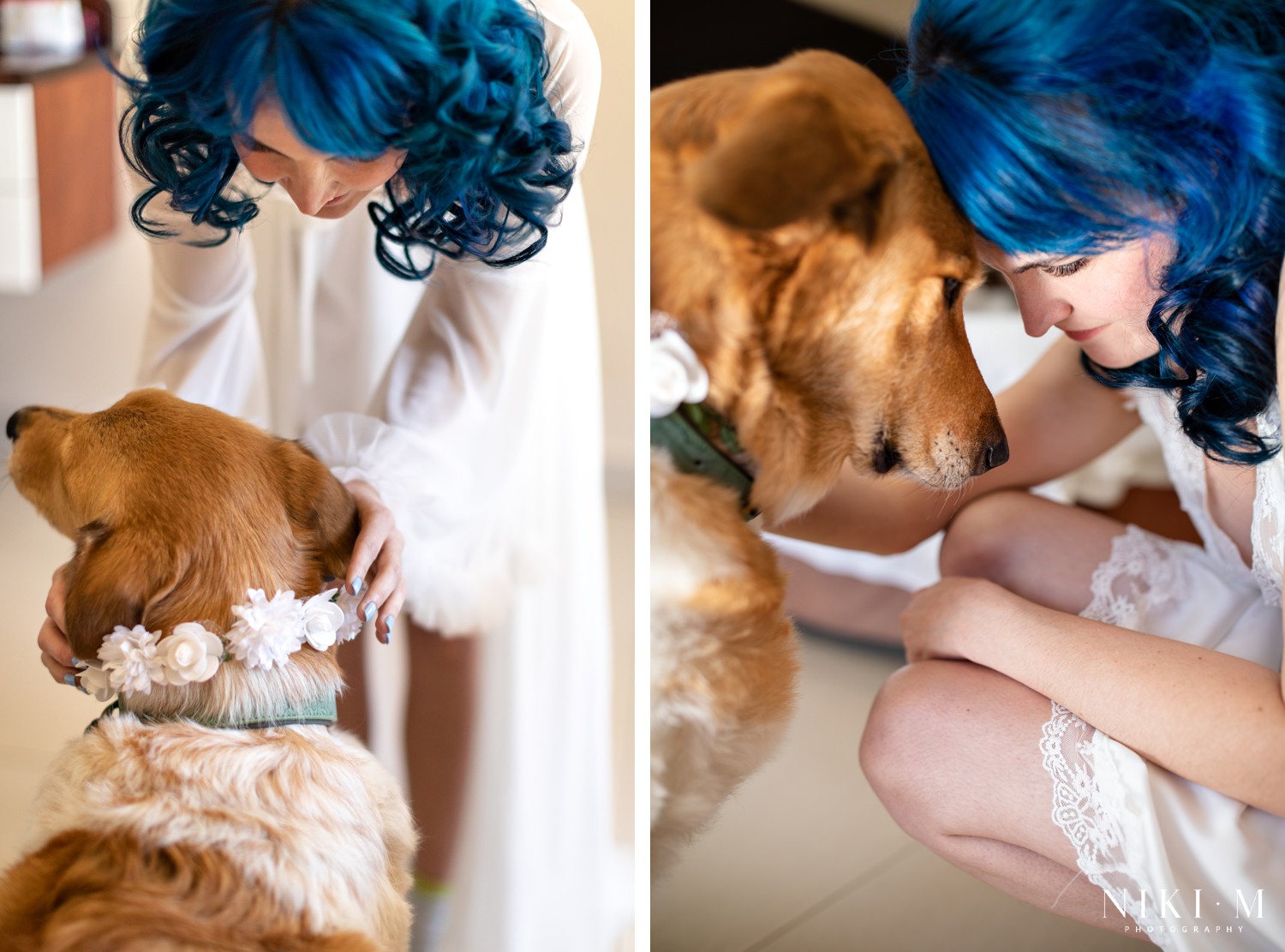 Bride with blue hair fitting a handmade floral collar on dog Sadie at a Champagne Valley wedding