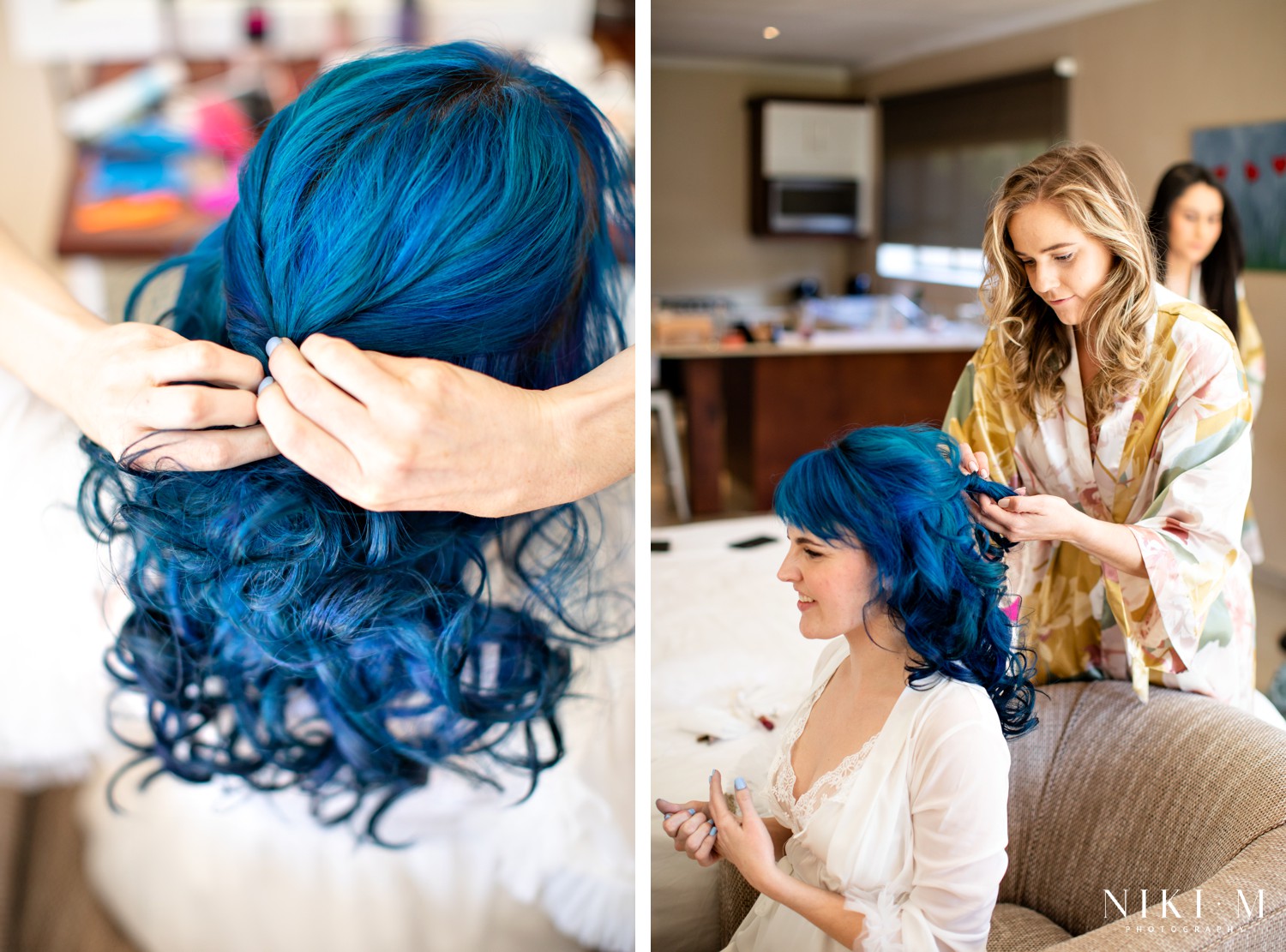 Bride with blue hair having her hair styled during a Champagne Valley wedding morning