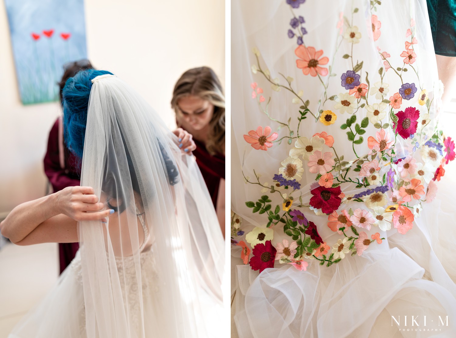 Bride's hand-embroidered wildflower veil being attached at a Champagne Valley Drakensberg wedding