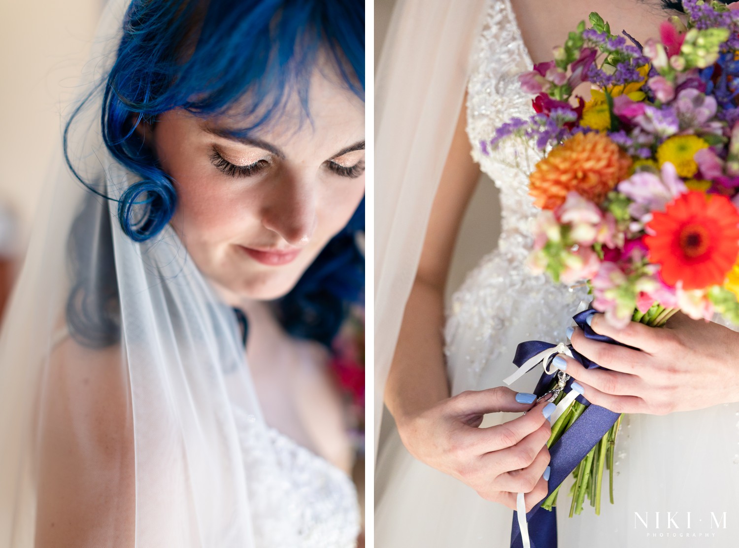 Bride portrait with blue curls and embroidered veil alongside her wildflower bouquet at a Champagne Valley wedding