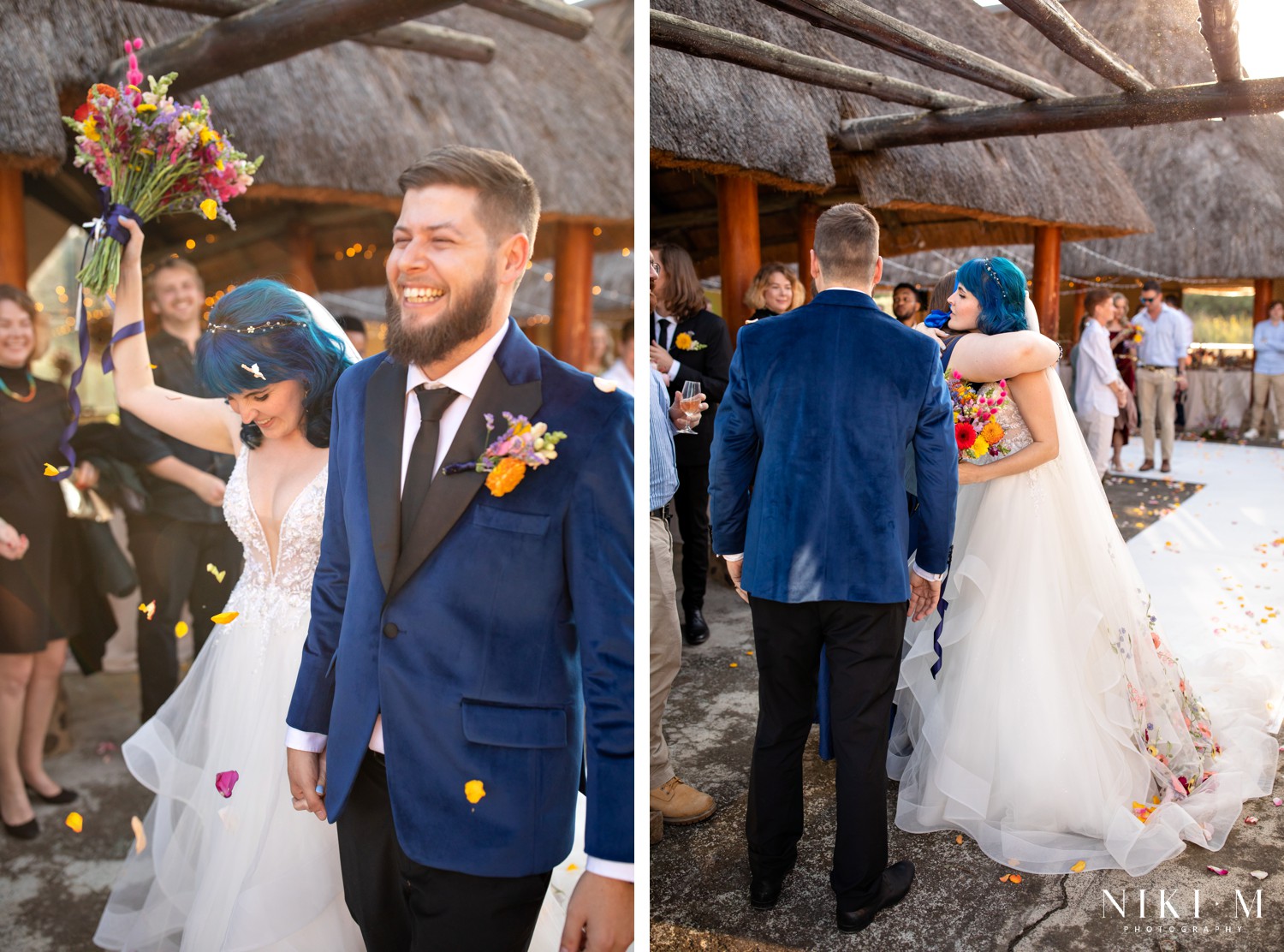 Newlyweds laughing mid-recessional in a shower of confetti at a Drakensberg wedding in Champagne Valley