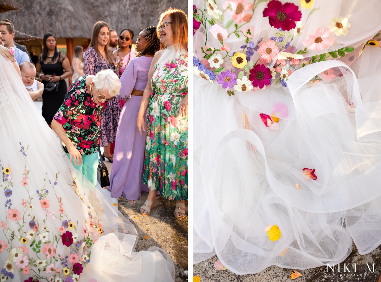 Guest examining the hand-embroidered wildflower veil alongside a close-up of the embroidery on the tulle, Drakensberg wedding