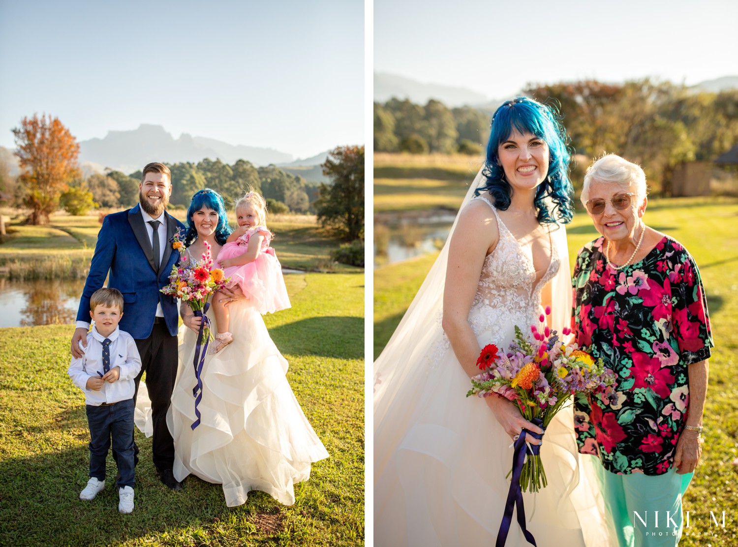 Bride with her grandmother in autumn light with the Drakensberg mountains behind them, photographed by Drakensberg wedding photographer