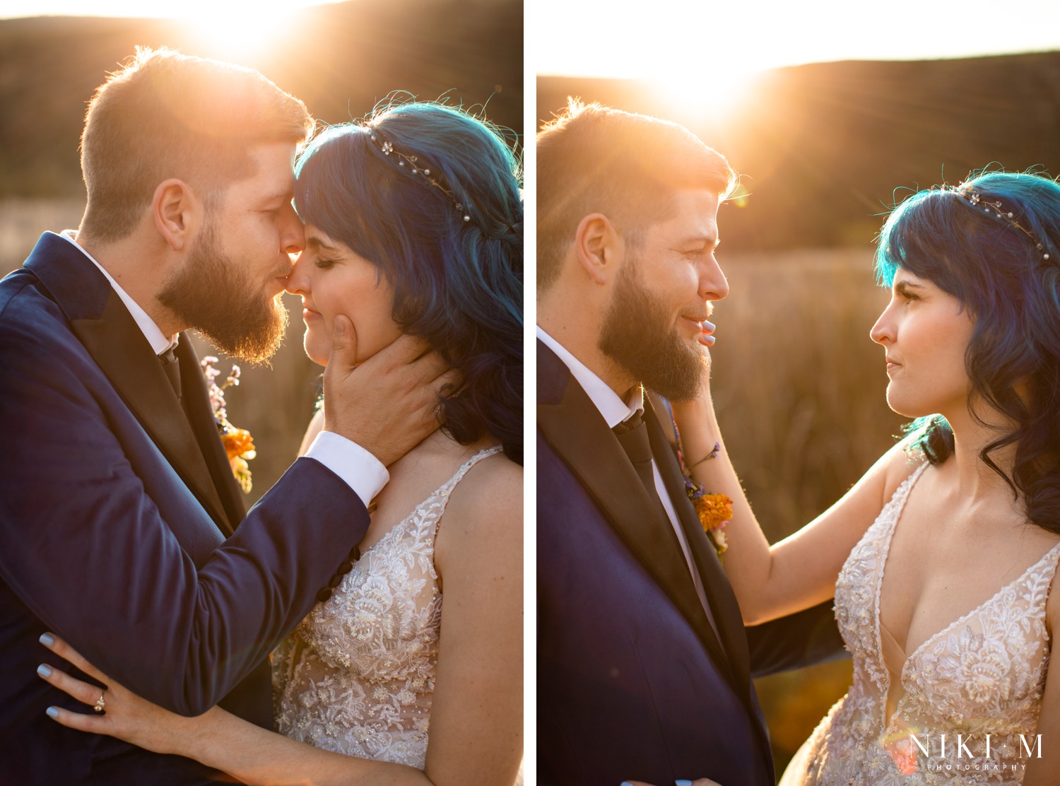 Couple portrait diptych, close and tender in golden backlight with Drakensberg grasses behind them, Champagne Valley wedding
