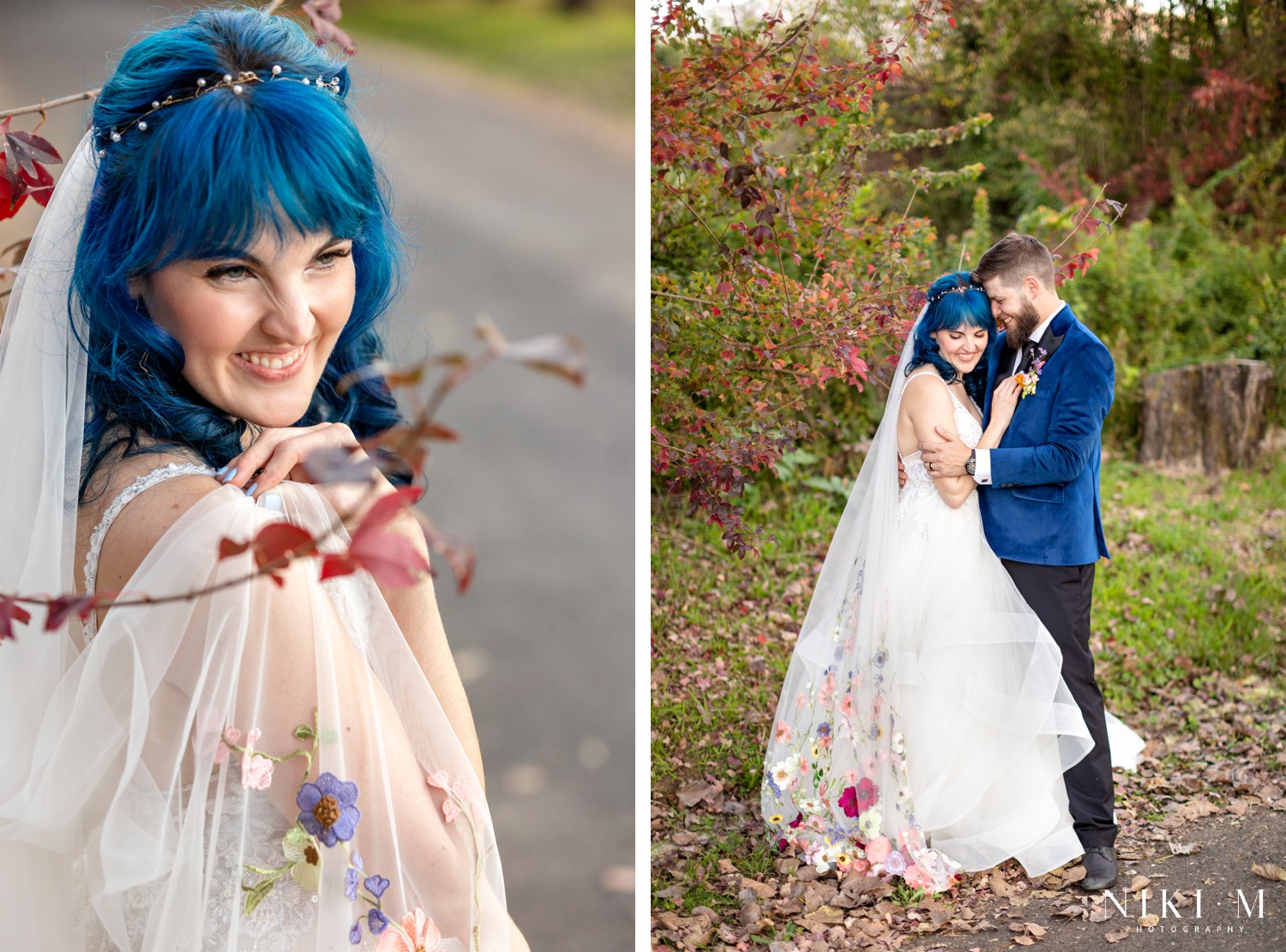 Bride portrait with blue hair and hand-embroidered veil in red autumn foliage at a Drakensberg wedding