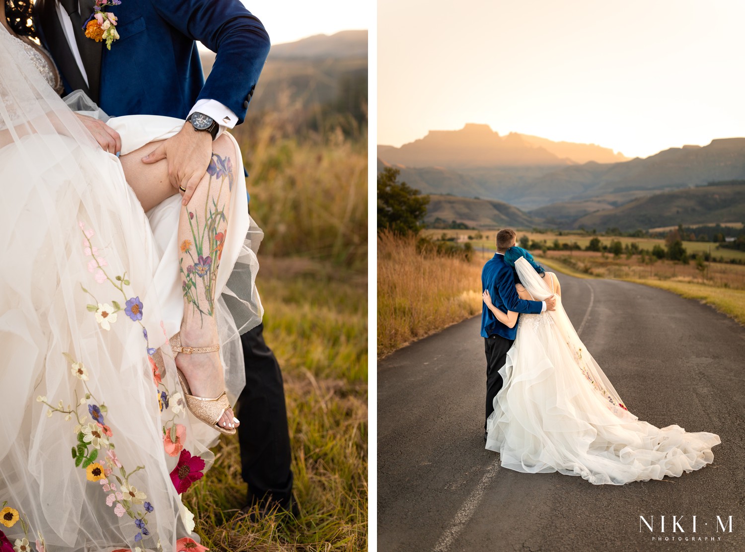 Bride's wildflower leg tattoo beneath her hand-embroidered veil, and couple walking the road at sunset, Champagne Valley Drakensberg wedding