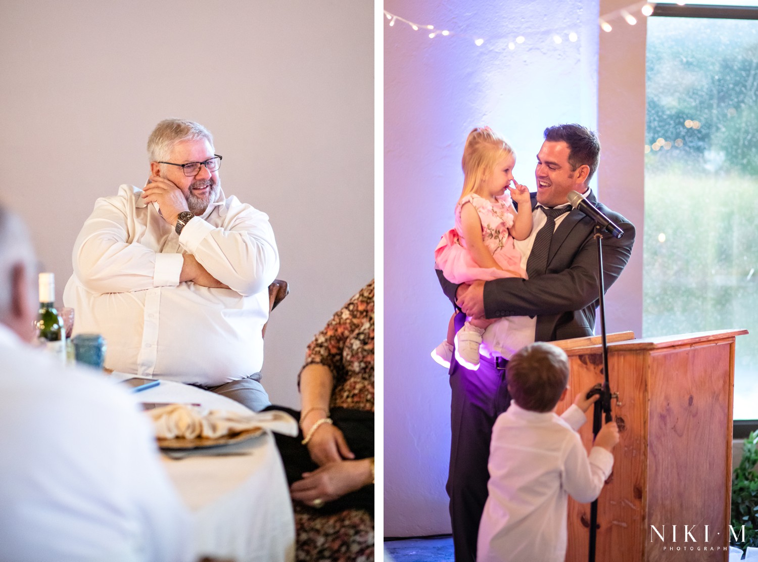 Speech candid diptych with a guest reacting and a speaker holding the flower girl at the podium, Champagne Valley wedding