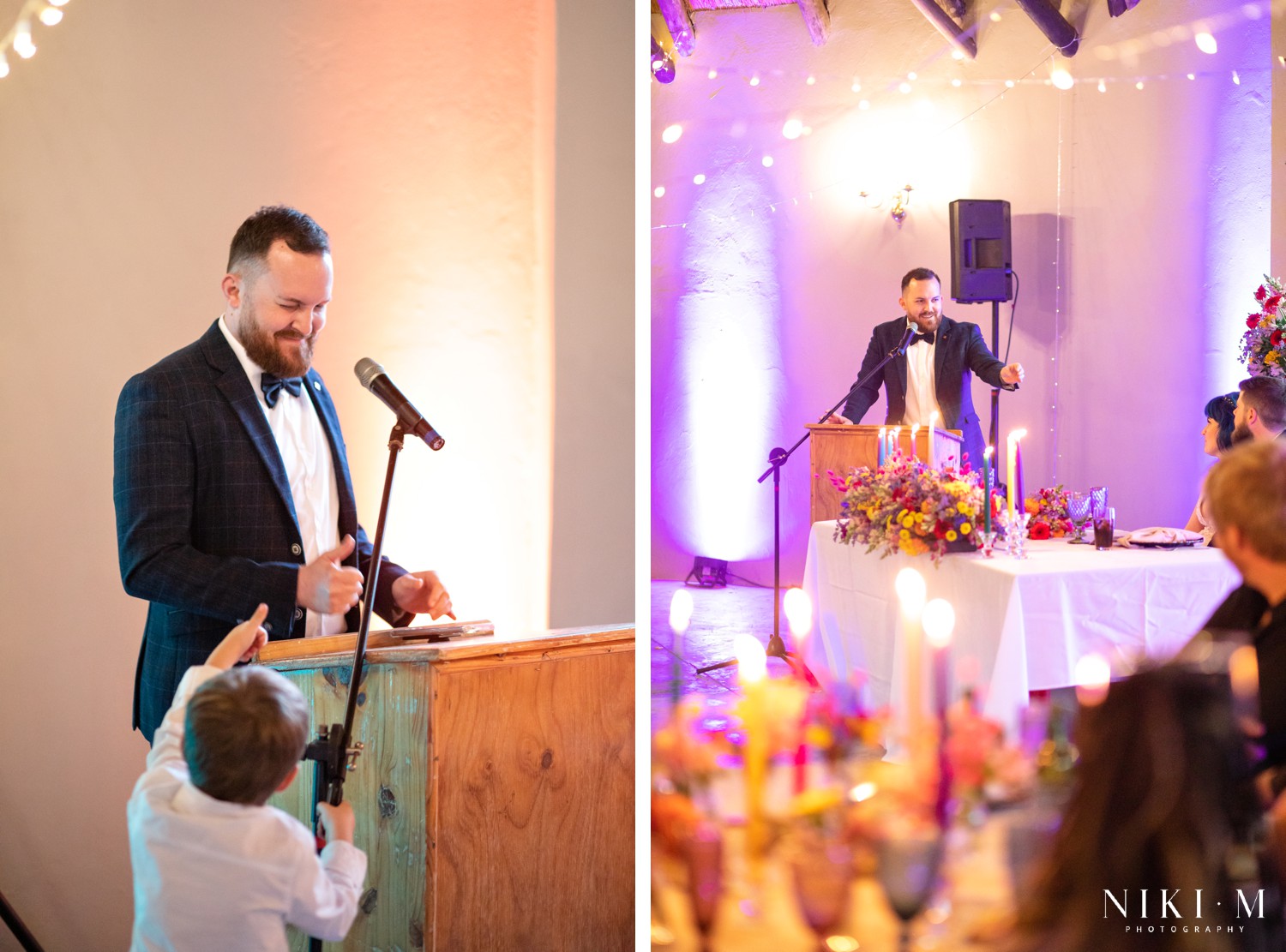 Speaker at the podium with the full reception room, candles and wildflower arch visible at a Drakensberg wedding