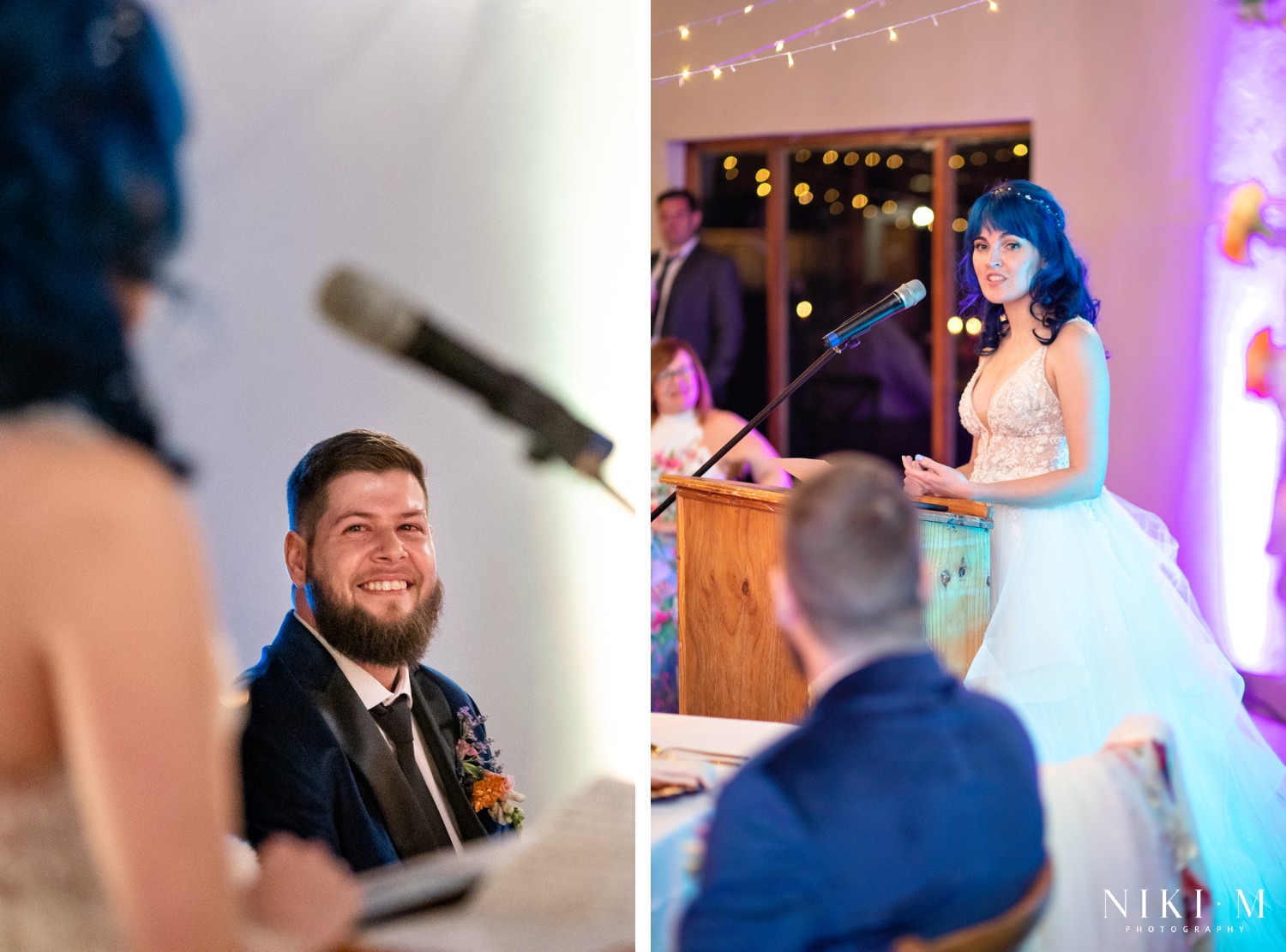 Groom watching a speech and bride giving her own speech at the podium at a Champagne Valley wedding