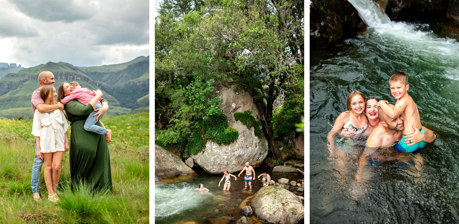Sharne and Ryan with their family moving from the meadows to the Monks Cowl rock pools during their Drakensberg family photoshoot