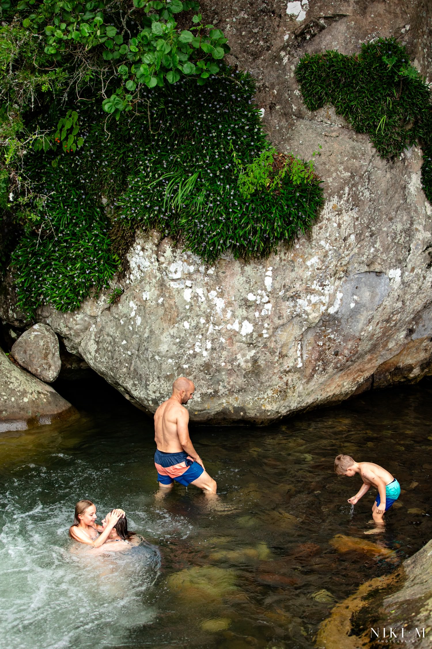 Sharne and Ryan's family swimming and playing at the lush Monks Cowl rock pools, Central Drakensberg