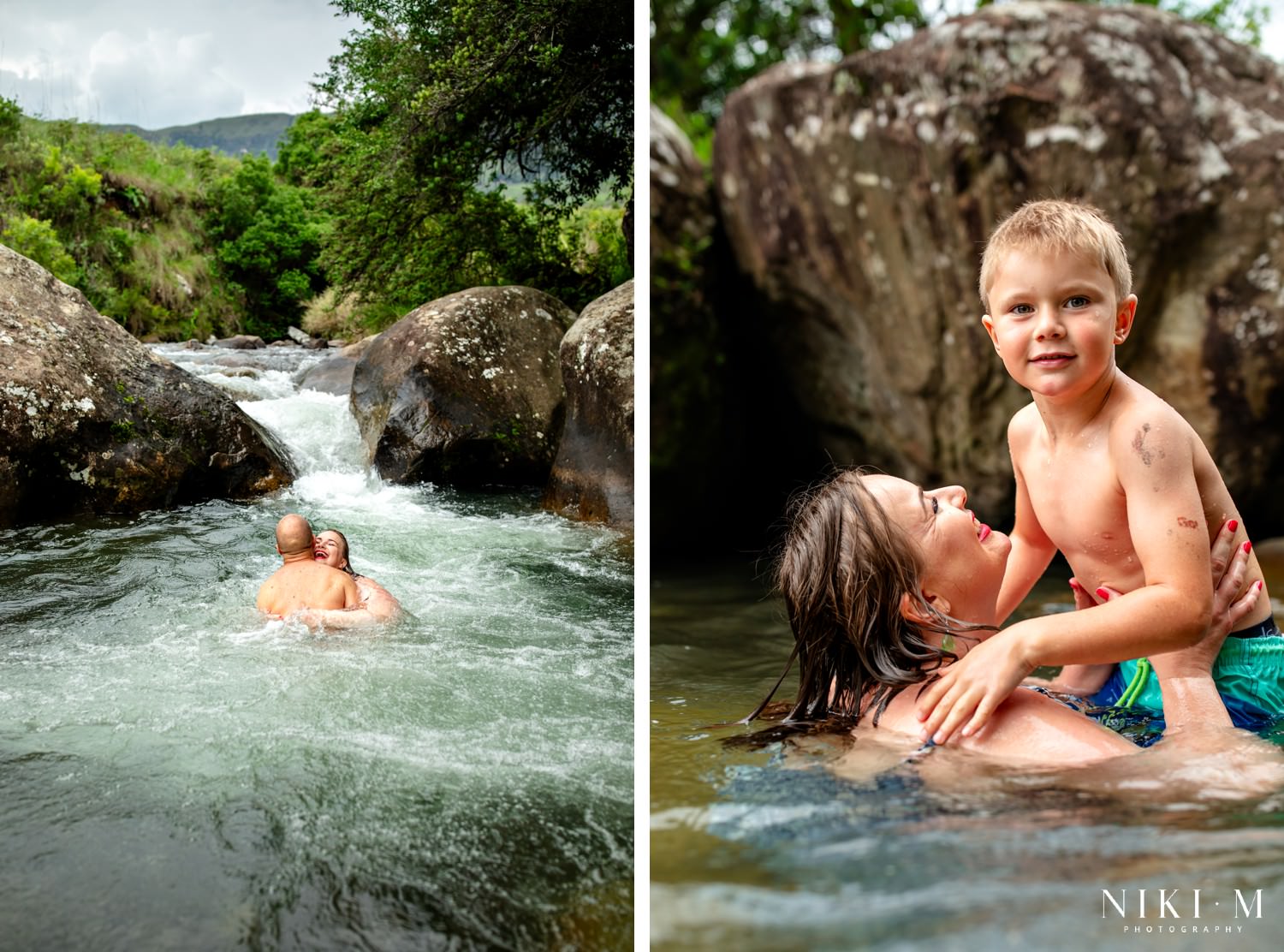 Parents swimming below a waterfall and mother embracing son at the Monks Cowl rock pools during a Drakensberg family photoshoot