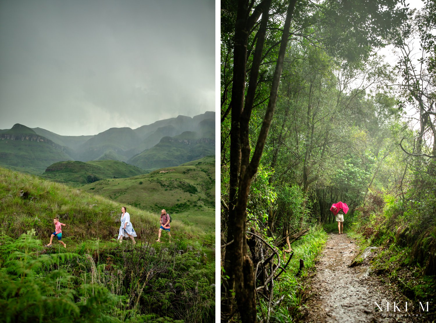 Sharne and Ryan's family hiking through a Drakensberg thunderstorm on the forest trail to the Monks Cowl rock pools
