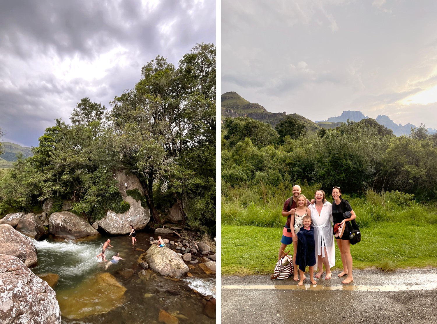 Behind the scenes photos of a Drakensberg Family Photoshoot at Monks Cowl Reserve with Niki M, showing the rock pools and dramatic skies.